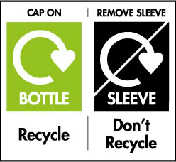 On the left the phrase Cap on is above a green box with a white circuluar arrow with the word bottle. Below this box is the word recycle. To the right of the image is the phrase remove sleeve, Below is a black box with a white circular arrow pointing clockwise with a line going diagonally across the box. Below the arrow is the word, sleeve. Below the box is the word, Don't recycle.