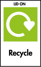A green square with a white arrow in the square going clockwise. With lid on written above the box and recycle written below the box