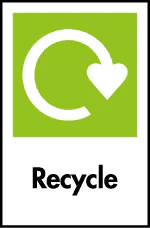 A green square with a white arrow in the square going clockwise. With recycle written below the box